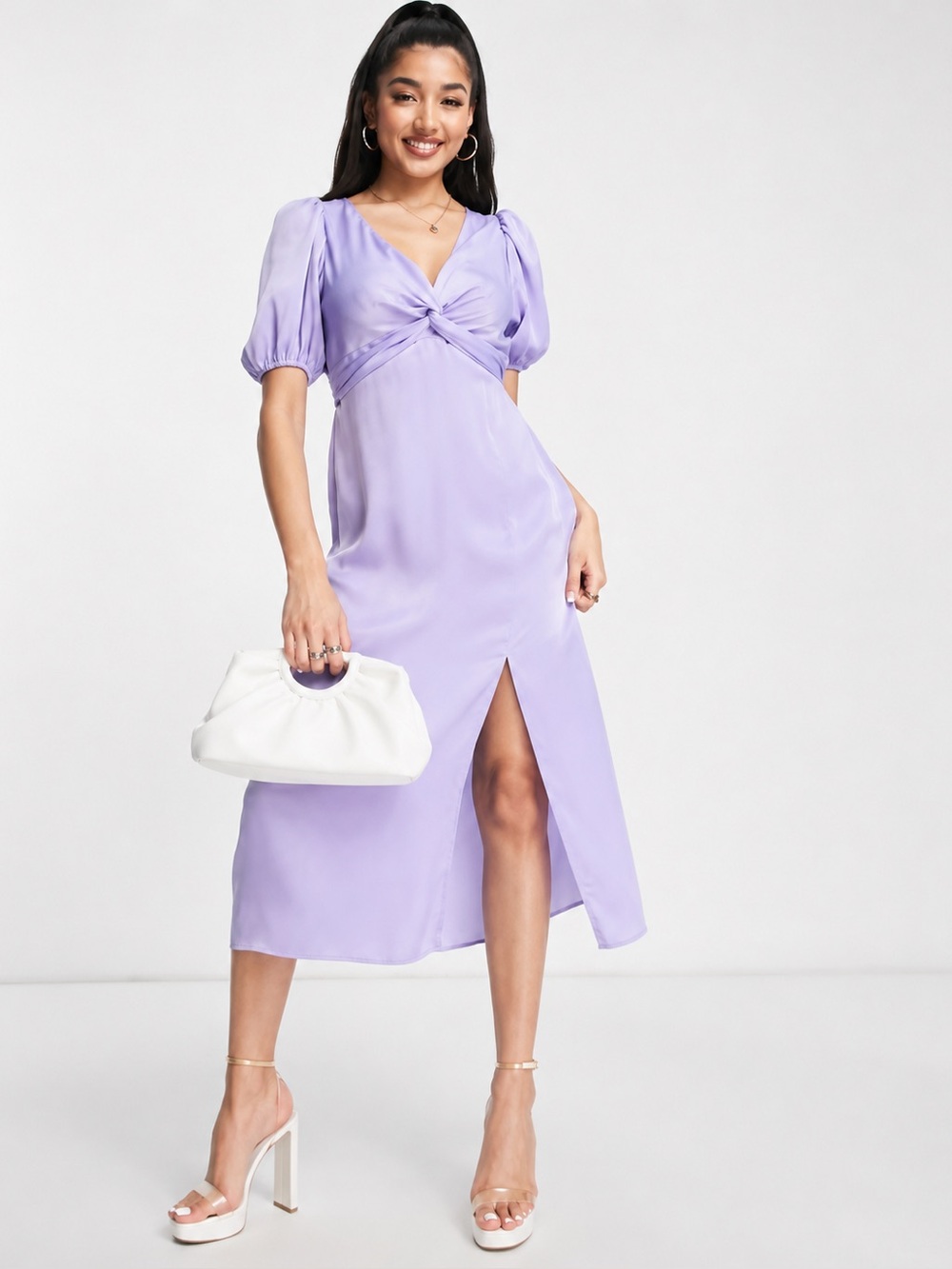 Miss Selfridge Lilac Satin Twist-Front Midi Dress with Side Slit